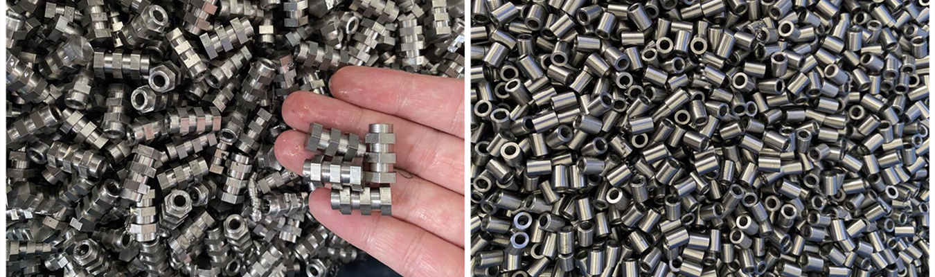 Hochvolumen-Drehmaschinen-Automobilteile Hochvolumen-Drehmaschinen-Automobilteile: präzisionsgedrehte Komponenten, darunter Verbindungselemente, Buchsen und Ventilkörper, hergestellt auf Mehrspindel-Drehautomaten